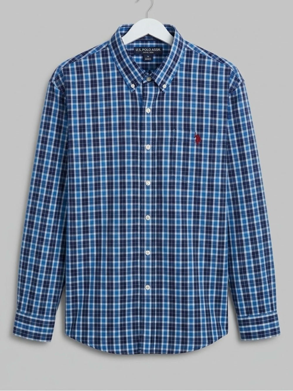 U.S. Polo Assn. Blue Plaid Long-Sleeve Button-Down Shirt with Red Logo